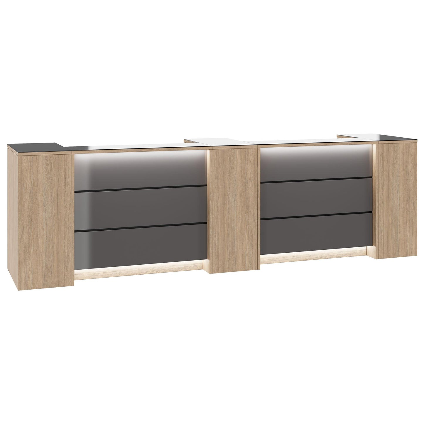 Novum reception counter | 3600-4400 mm, multicolor LED lighting, amber oak