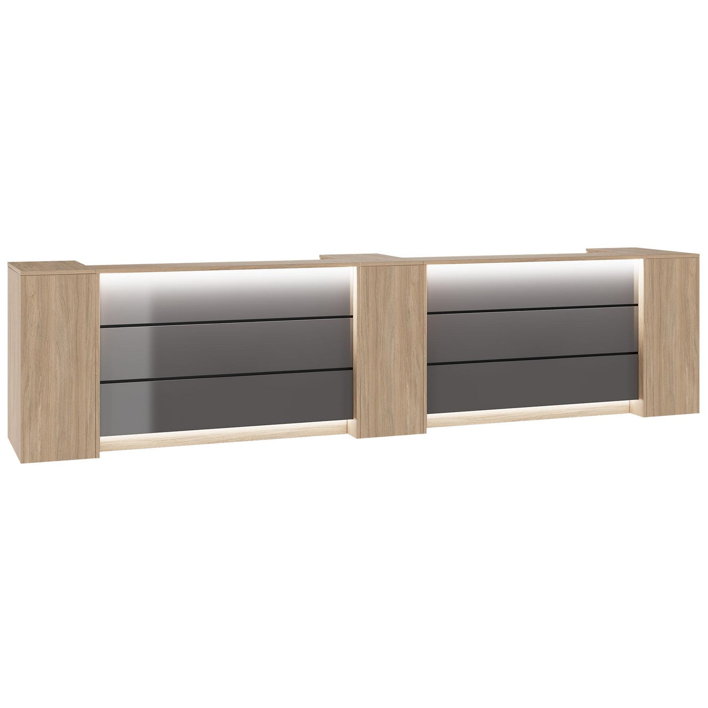 Novum reception counter | 3600-4400 mm, multicolor LED lighting, amber oak