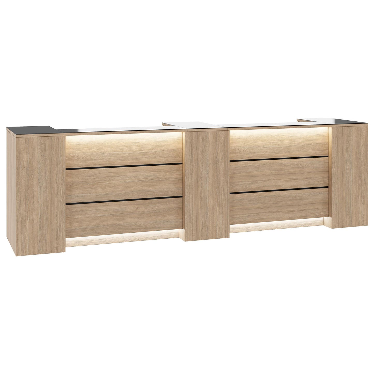 Novum reception counter | 3600-4400 mm, multicolor LED lighting, amber oak