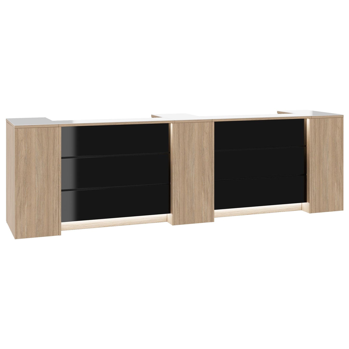 Novum reception counter | 3600-4400 mm, multicolor LED lighting, amber oak