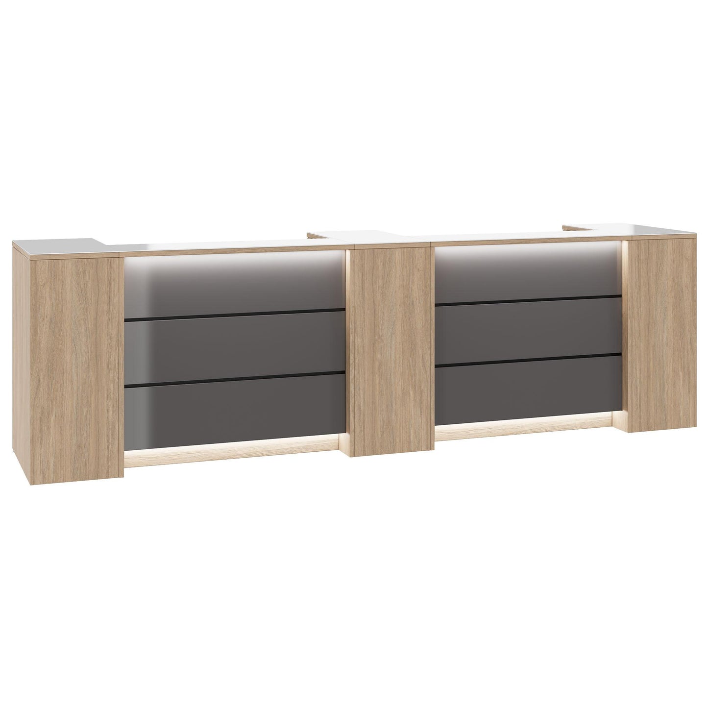 Novum reception counter | 3600-4400 mm, multicolor LED lighting, amber oak