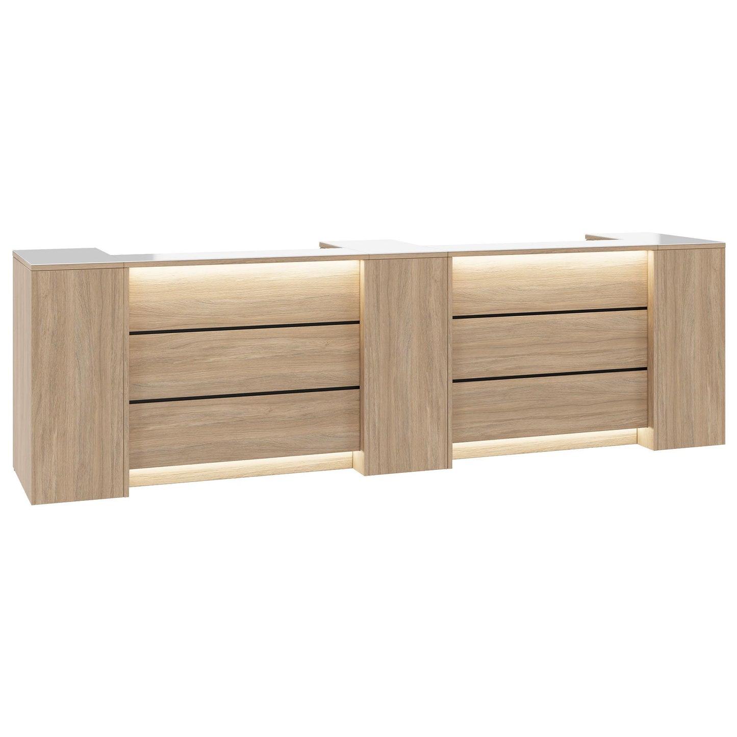 Novum reception counter | 3600-4400 mm, multicolor LED lighting, amber oak