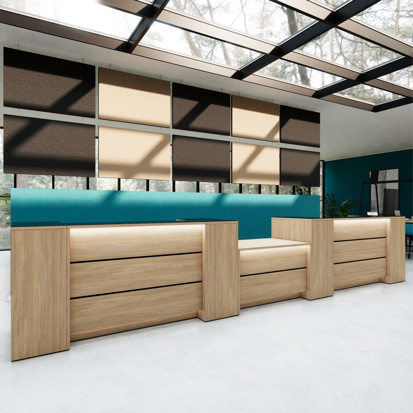 NOVUM RECEPTION COMPTENDRE | 5200-6000 mm, éclairage à LED multicolore, chêne ambre