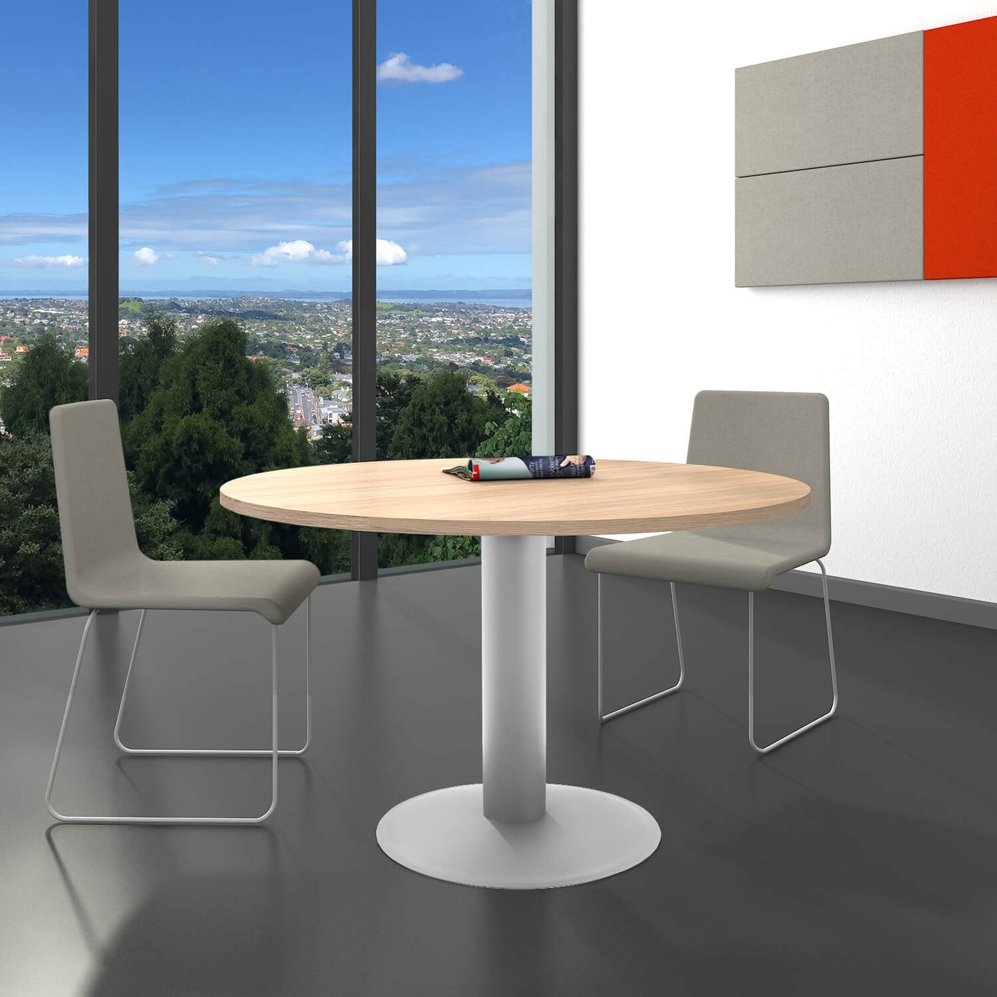 OPTIMA Tableau de réunion | Cadre rond, argent, Ø 1200 mm, chêne ambre