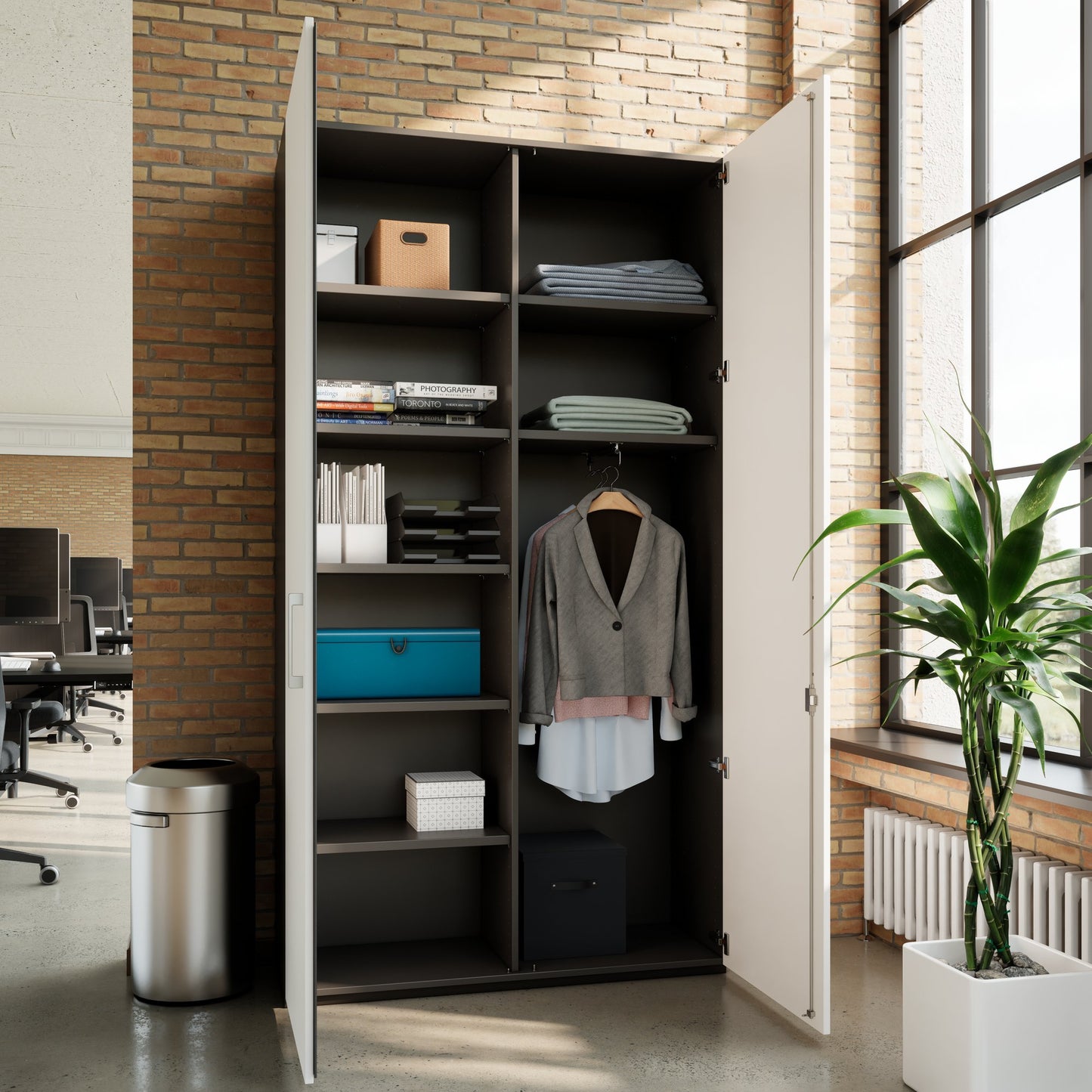 PRO Gabinetto di Cloakroom | 6 OH, 1200 x 2250 mm, con scaffale, chiusura morbida, grafite / bianco