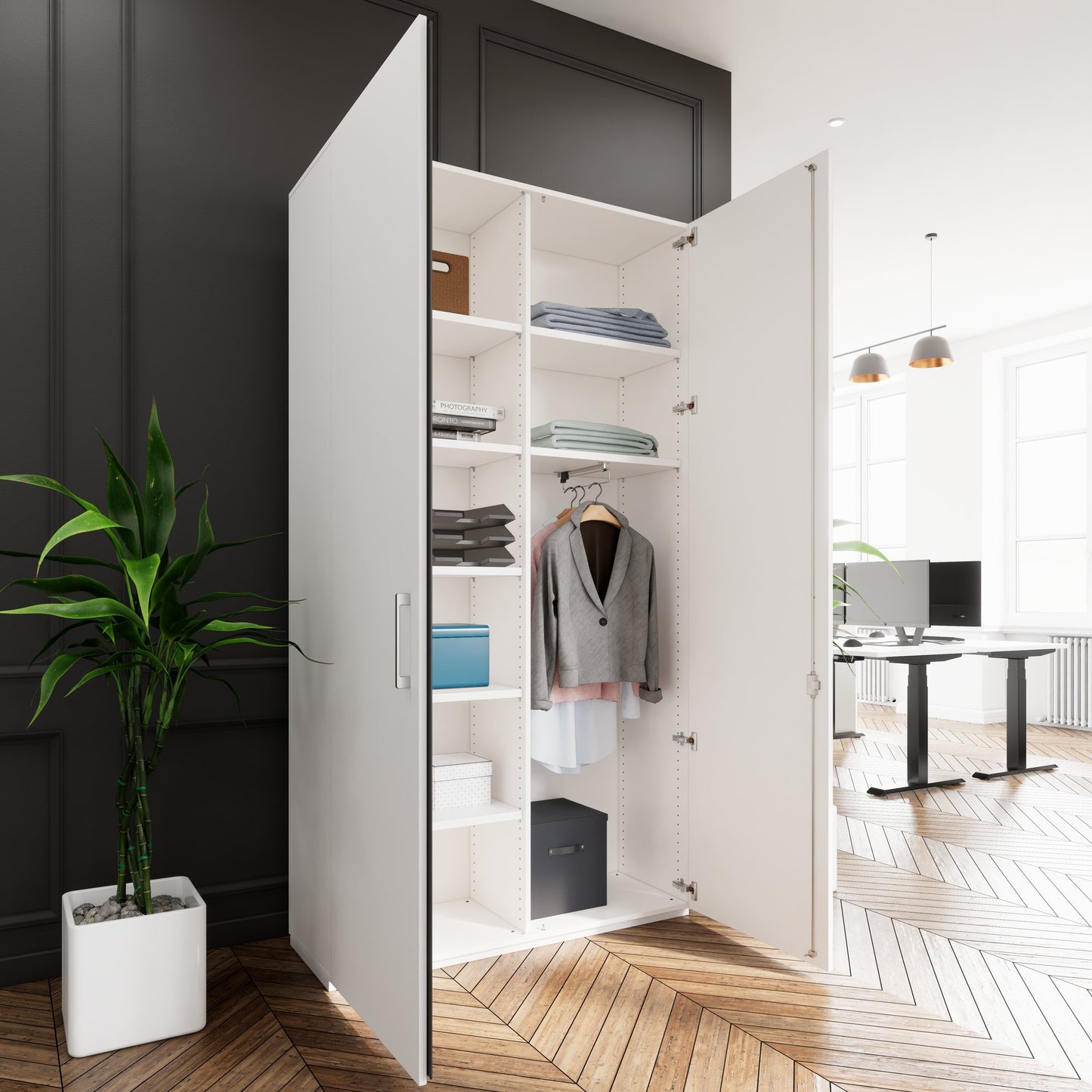 PRO Gabinetto di Cloakroom | 6 OH, 1200 x 2250 mm, con scaffale, morbido, bianco