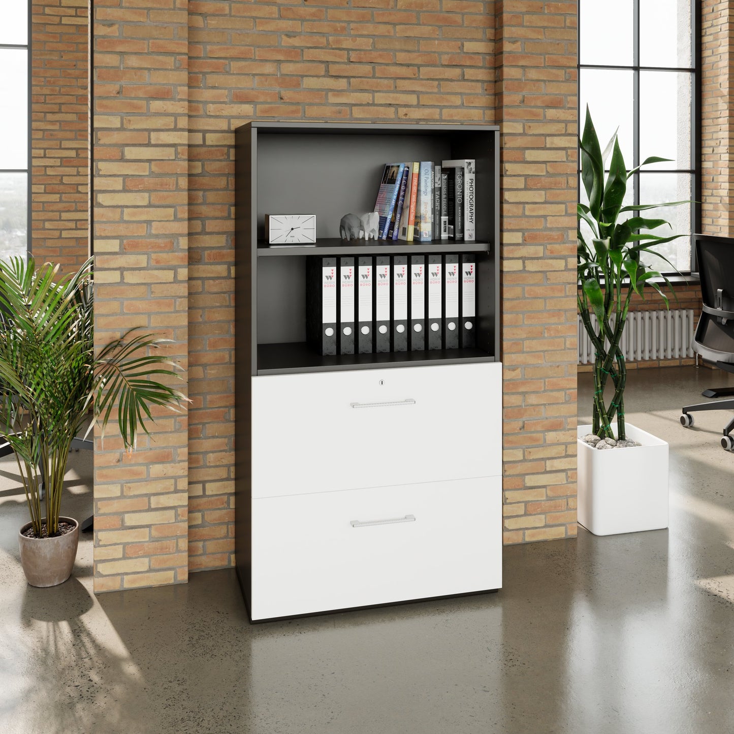 PRO Topping register cabinet | 4 Oh, 800 x 1510 mm, glued corpus, with shelf, graphite / white
