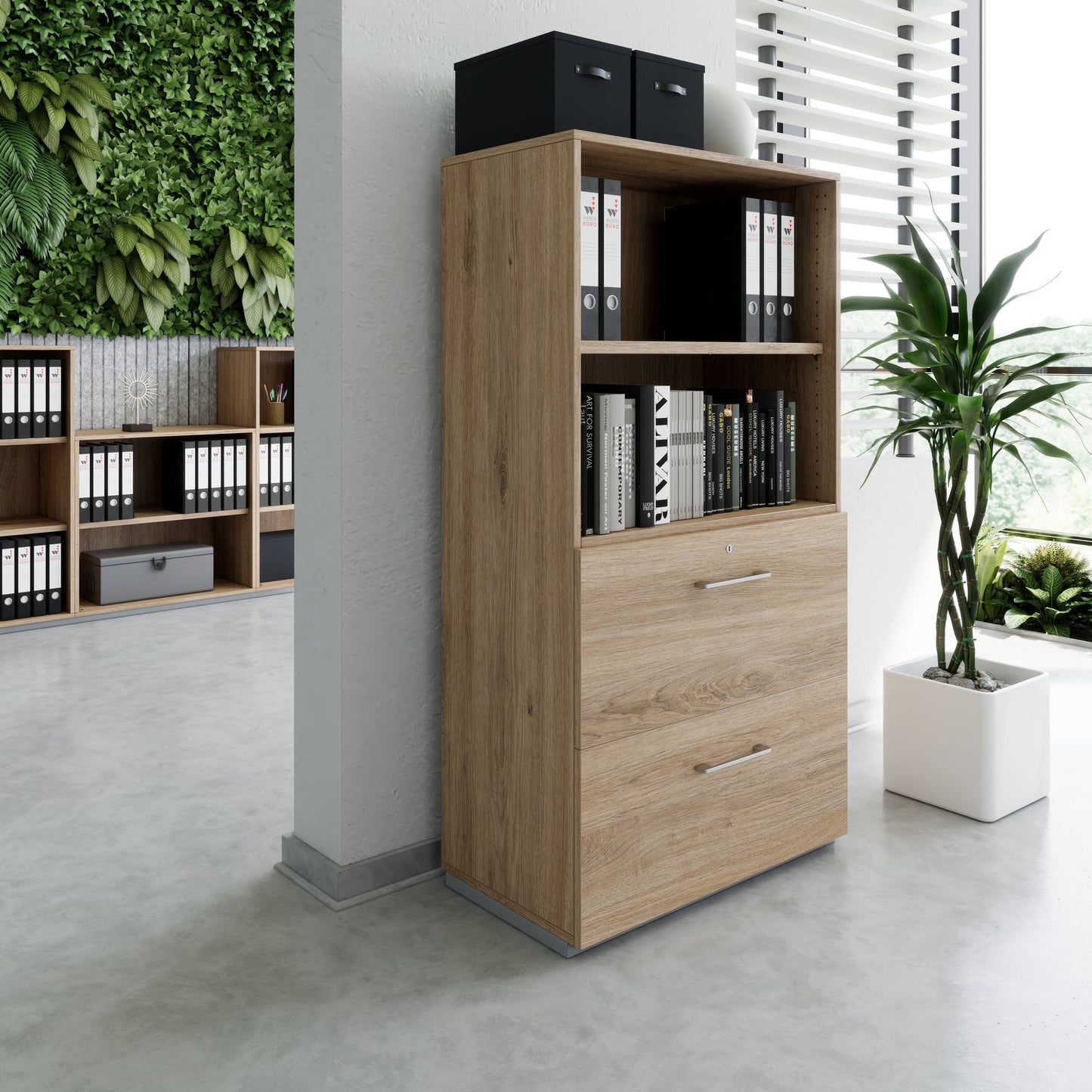 PRO Topping register cabinet | 4 Oh, 800 x 1510 mm, glued corpus, with shelf, natural area