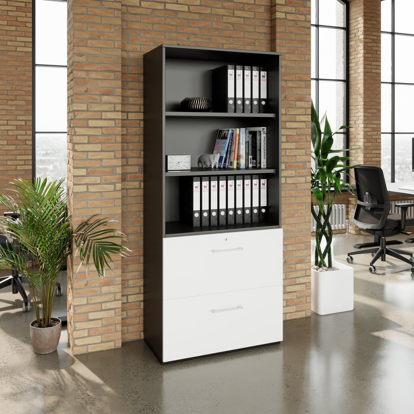 PRO Topping register cabinet | 5 Oh, 800 x 1880 mm, glued corpus, with shelf, graphite / white