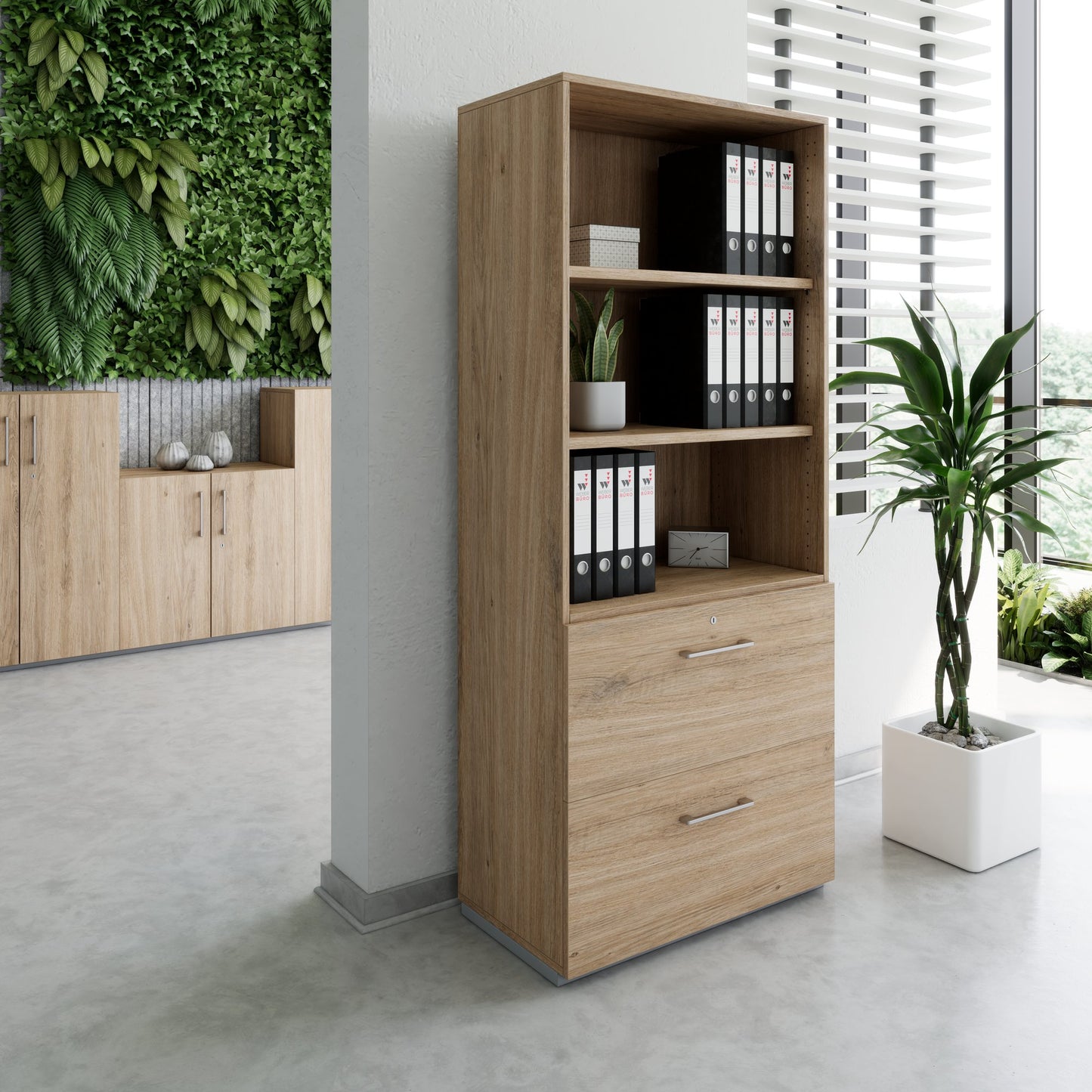 PRO Topping register cabinet | 5 Oh, 800 x 1880 mm, glued corpus, with shelf, natural oak
