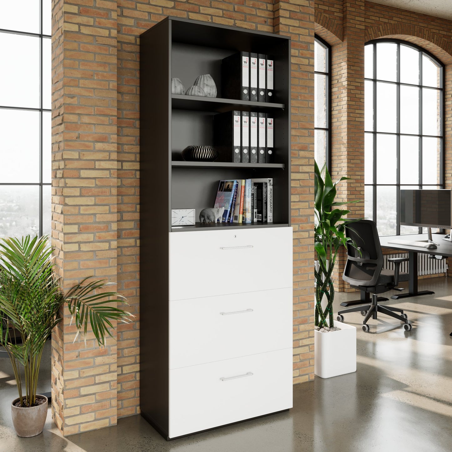 PRO Topping register cabinet | 6 Oh, 800 x 2250 mm, glued corpus, with shelf, graphite / white