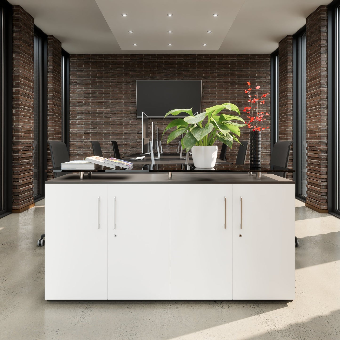 PRO Sideboard | 2 OH, 1600 x 860 mm, mit Glasplatte, Graphit / Weiß