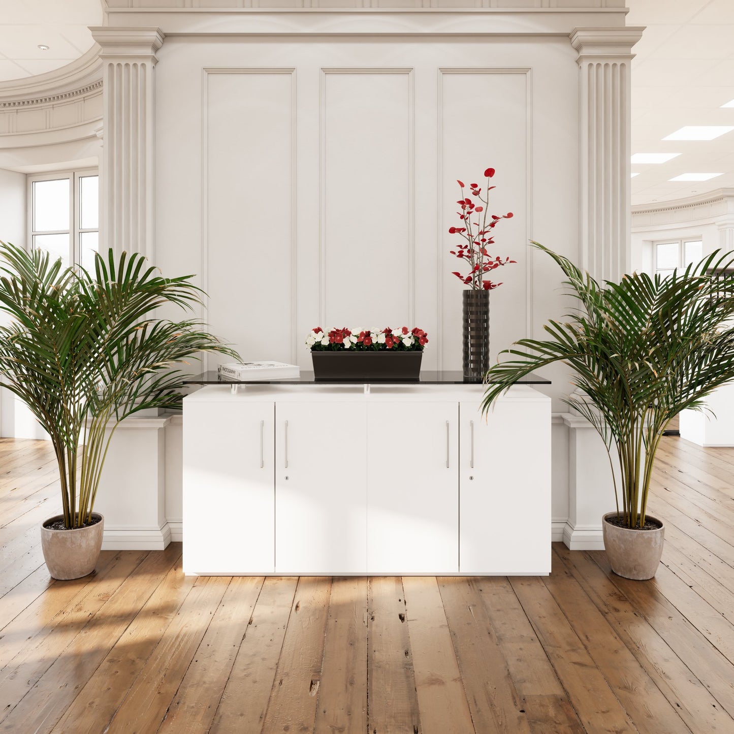 PRO Sideboard | 2 OH, 1600 x 860 mm, mit Glasplatte, Weiß