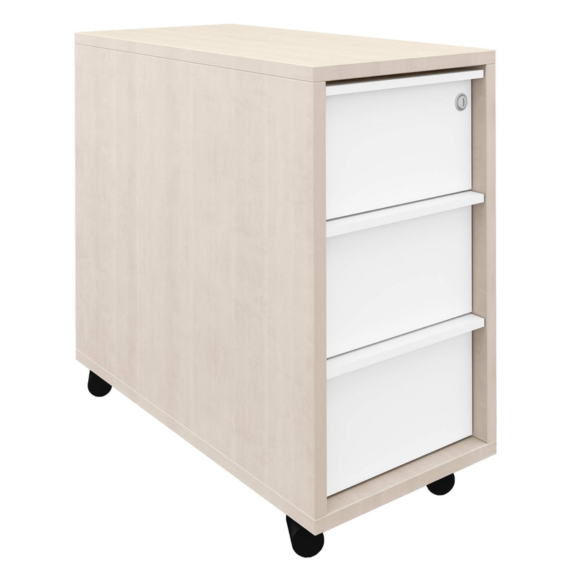 NOVA Roll container | 3 drawers, 600 mm deep, extra narrow, maple / white