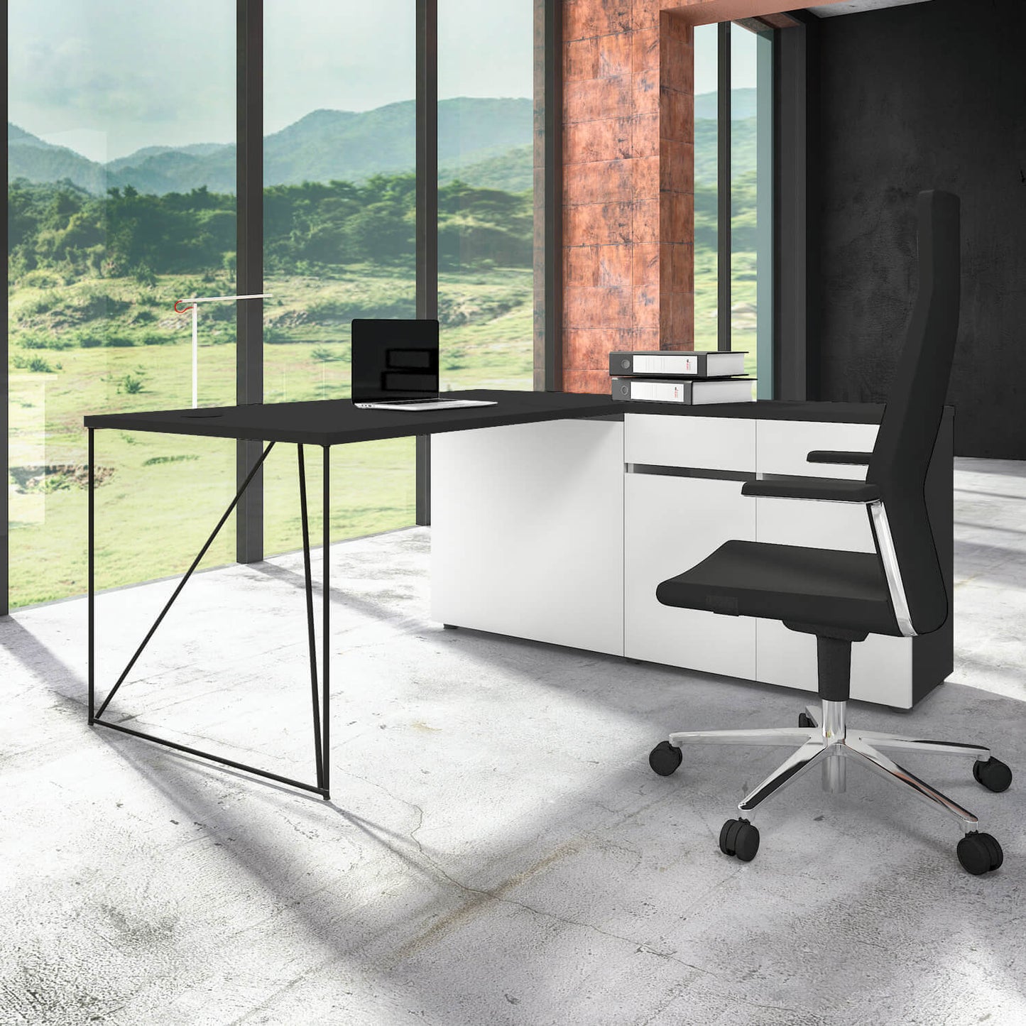 AIR Schreibtisch | Sideboard rechts, 1600 x 1600 mm, Anthrazit / Weiss