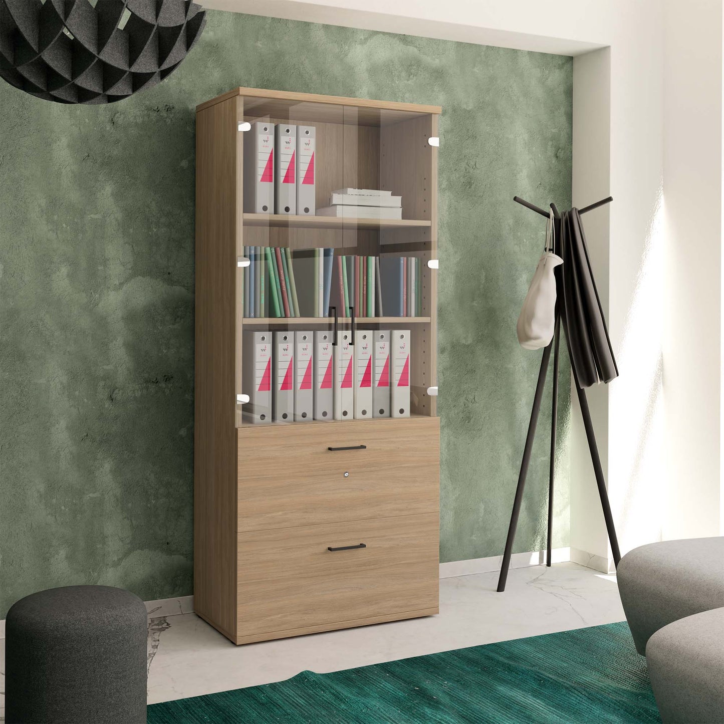 UNI display cabinet with hanging file | 5 OH, 800 x 1897 mm, amber oak