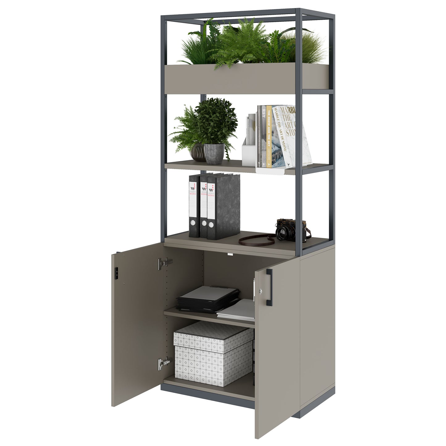 CHOICE shelf cabinet | 5 OH, 800 x 1925 mm, flower box, Cubanite gray