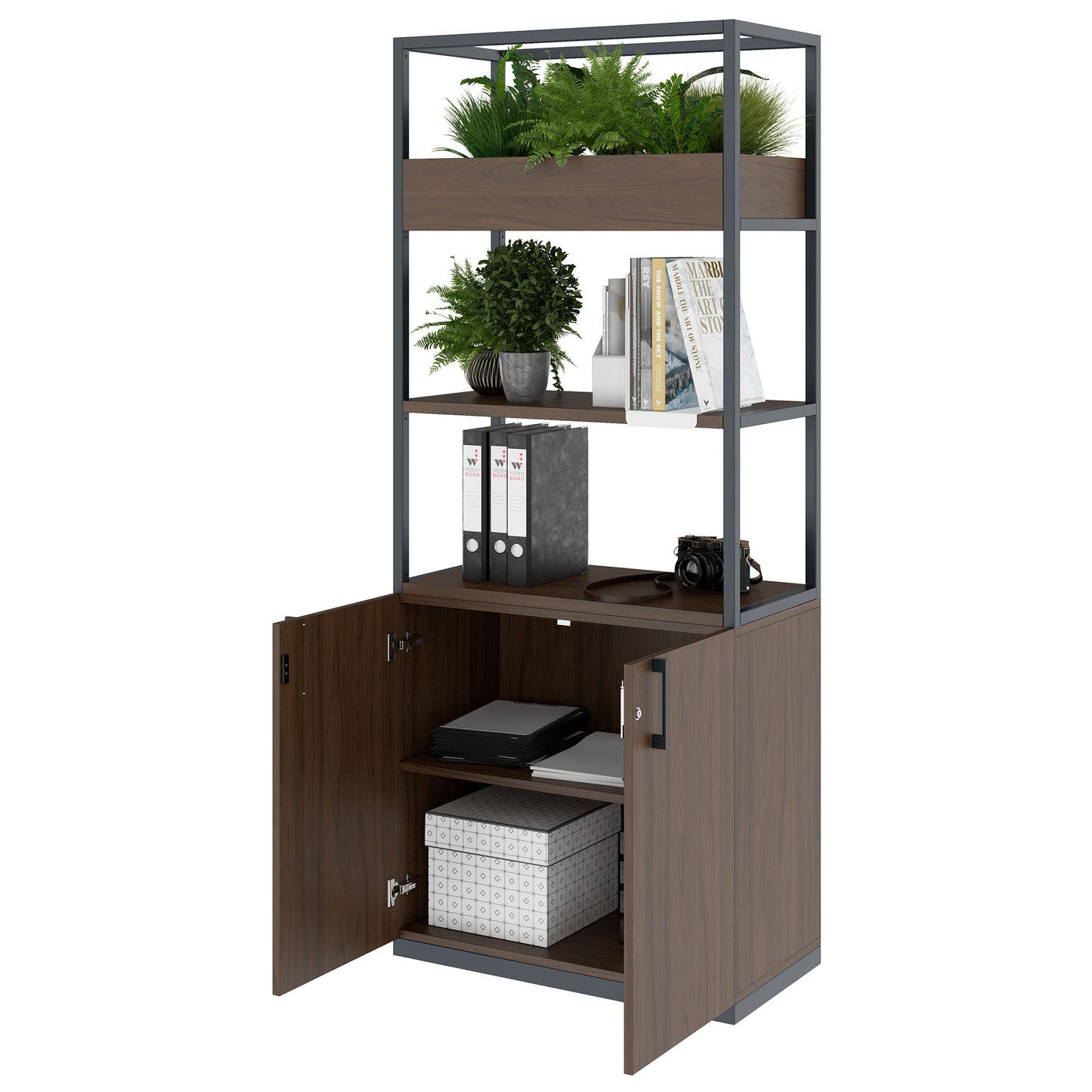 CHOICE shelf cabinet | 5 OH, 800 x 1925 mm, flower box, walnut
