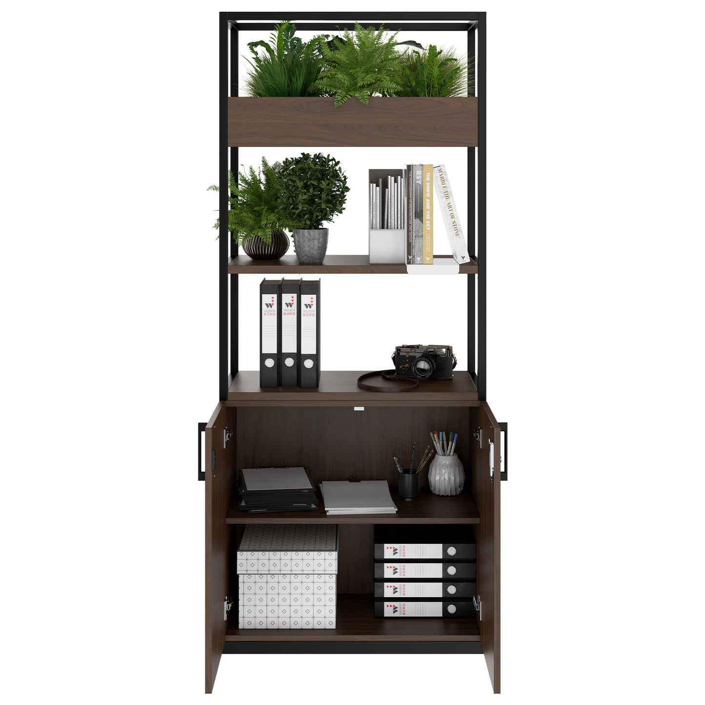 CHOICE shelf cabinet | 5 OH, 800 x 1925 mm, flower box, walnut