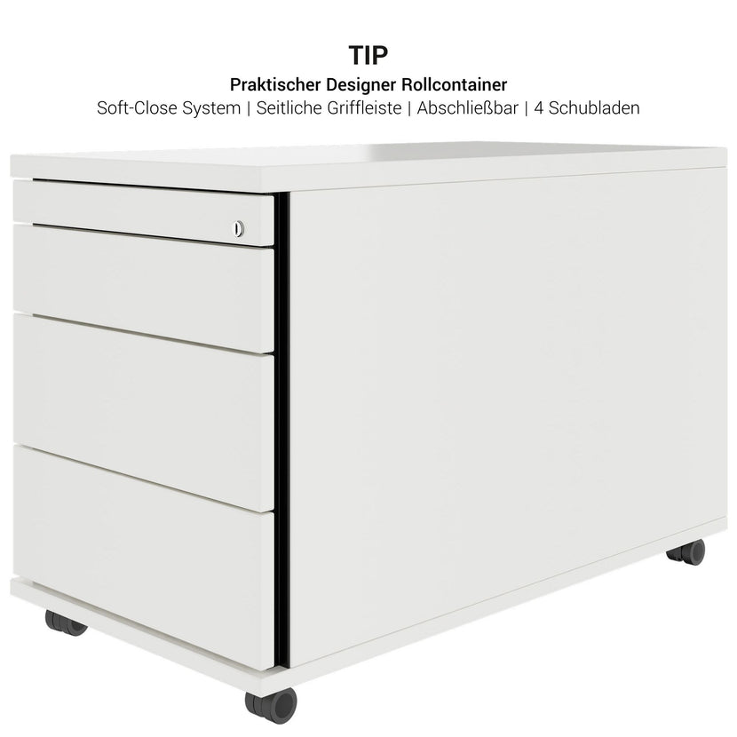 TIP Rolling container | 800 mm deep, small parts compartment, soft close, white