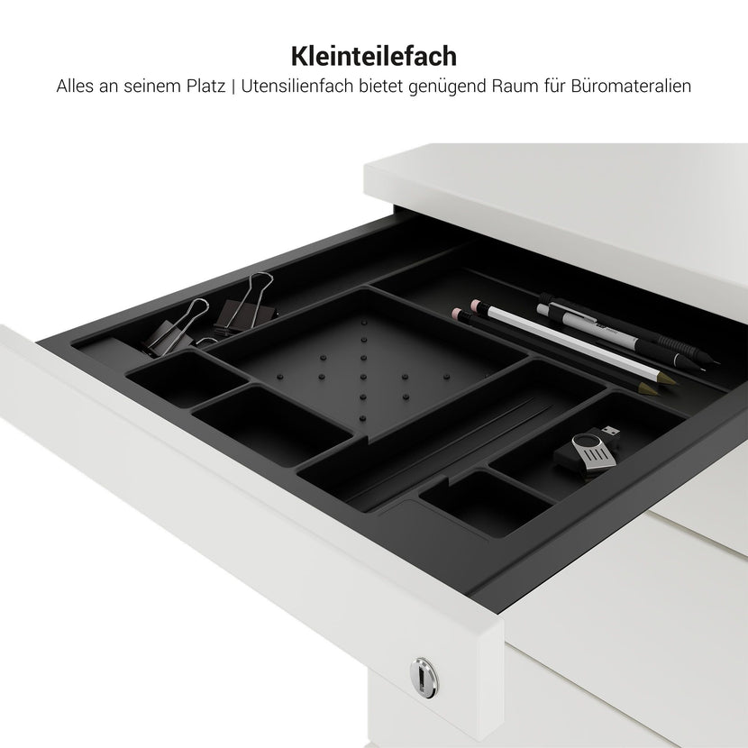 TIP Rolling container | 800 mm deep, small parts compartment, soft close, white