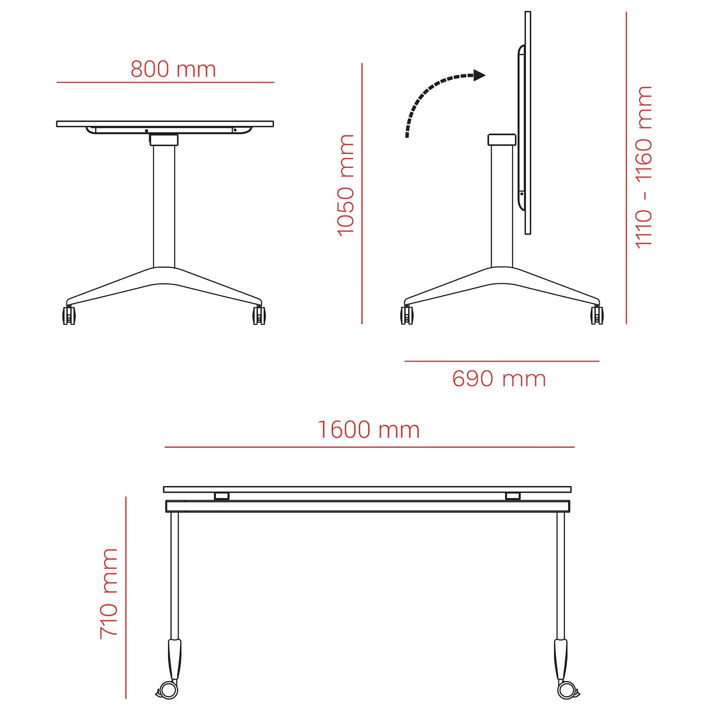 Mara SAVIO TILTING Table pliante | Roulable, pliable, 1600 x 800 mm, cendres de sable