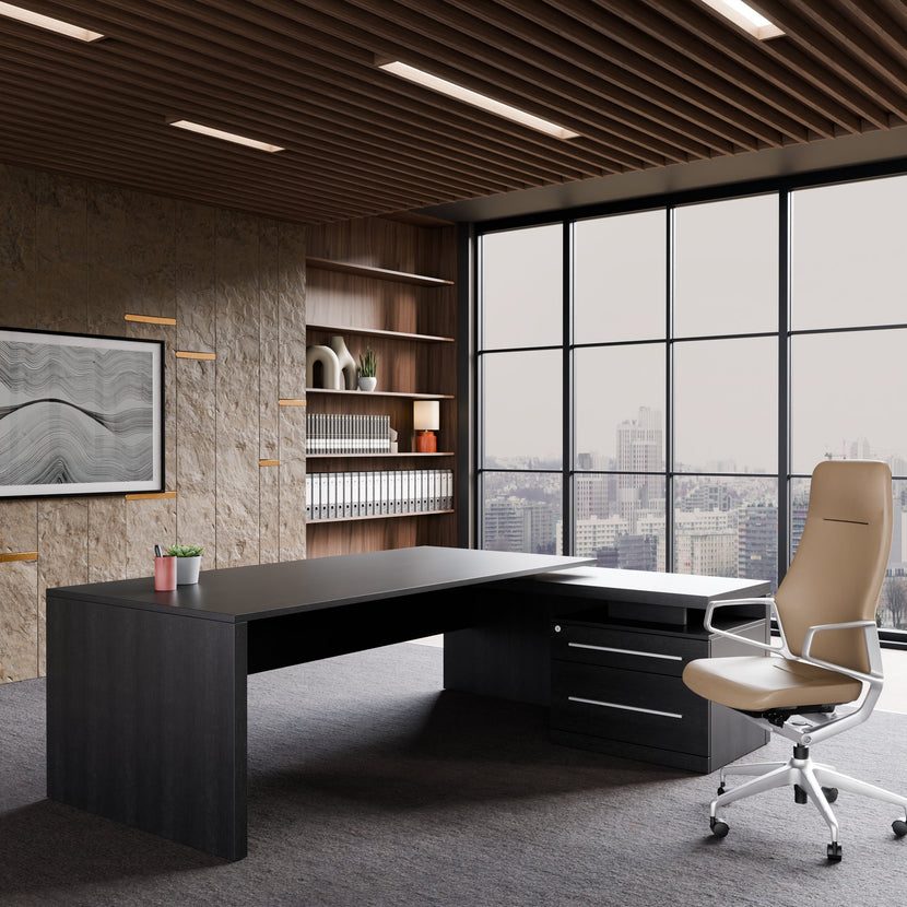 Stratego Chief Desk | 2300 x 1720 mm, basboard intégré, chêne foncé