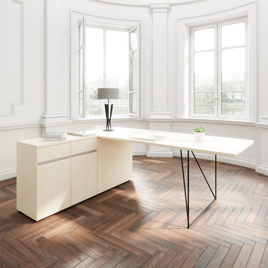 AIR Schreibtisch | 1600 - 2000 mm, elektrifiziert, integriertes Sideboard, Ahorn