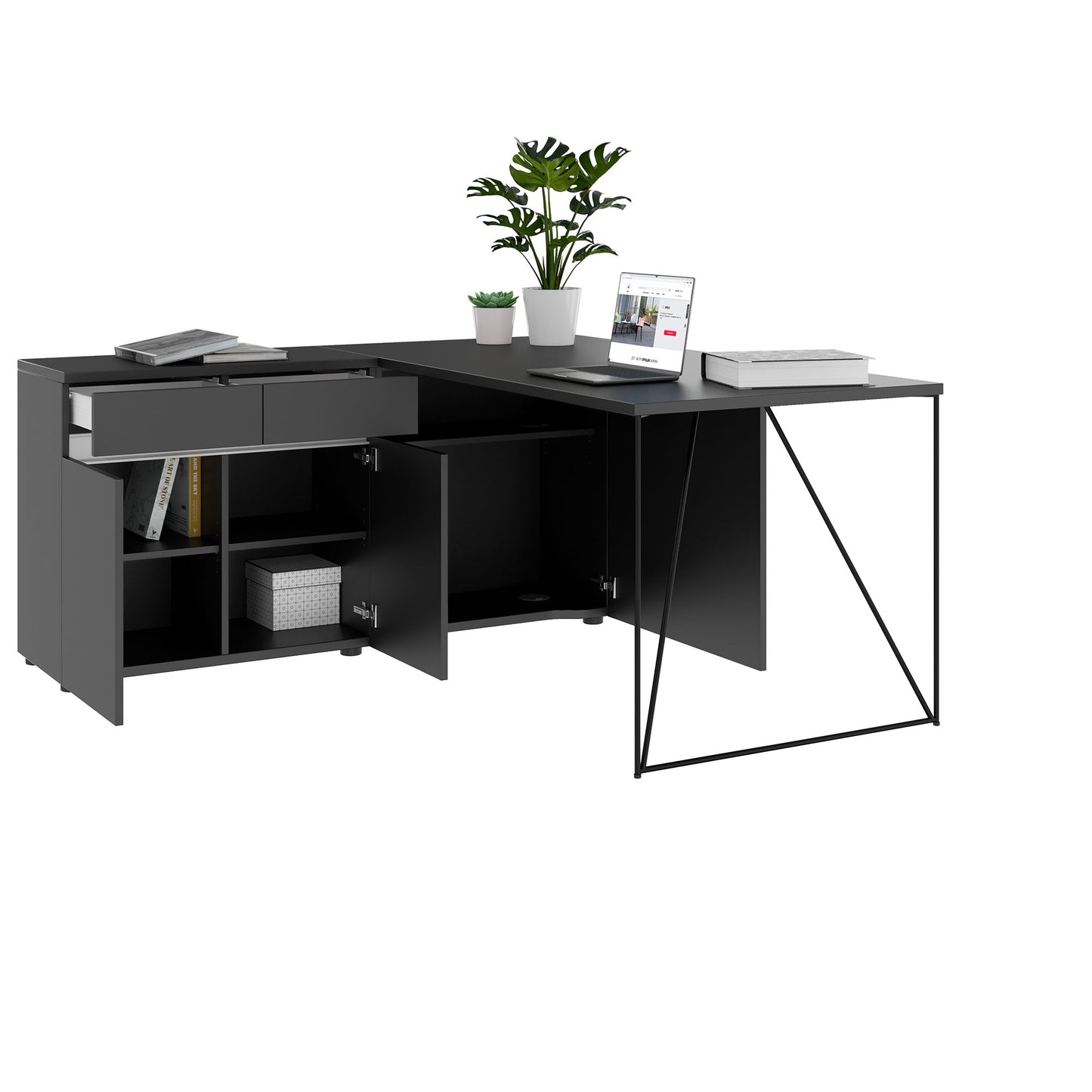 AIR desk | 1600 - 2000 mm, electrified, integrated sideboard, anthracite
