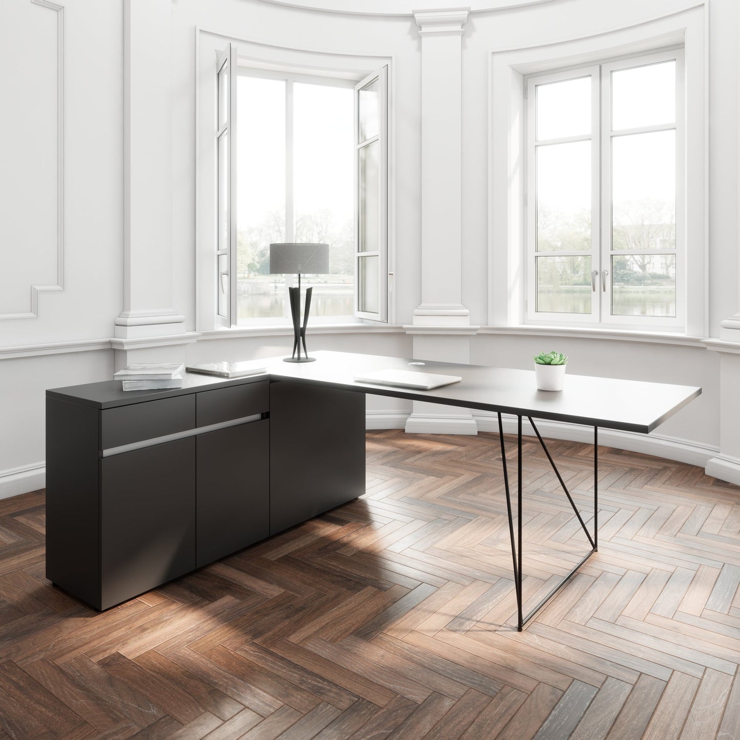 AIR desk | 1600 - 2000 mm, electrified, integrated sideboard, anthracite