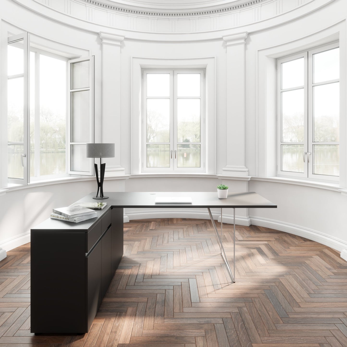 AIR desk | 1600 - 2000 mm, electrified, integrated sideboard, anthracite