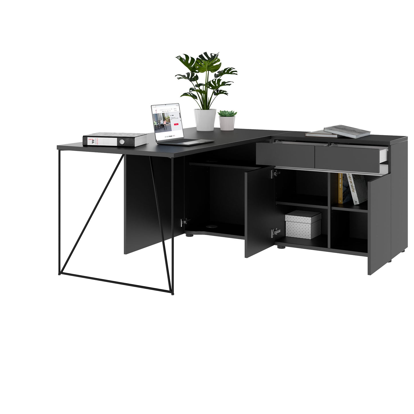 AIR desk | 1600 - 2000 mm, electrified, integrated sideboard, anthracite