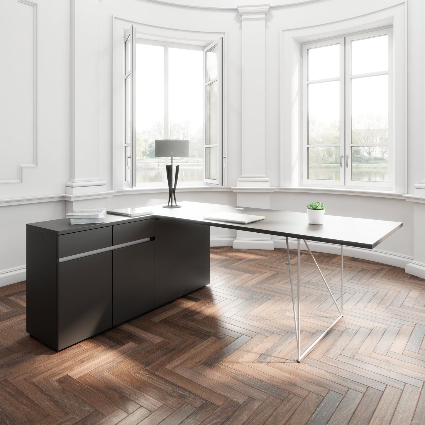 AIR desk | 1600 - 2000 mm, electrified, integrated sideboard, anthracite