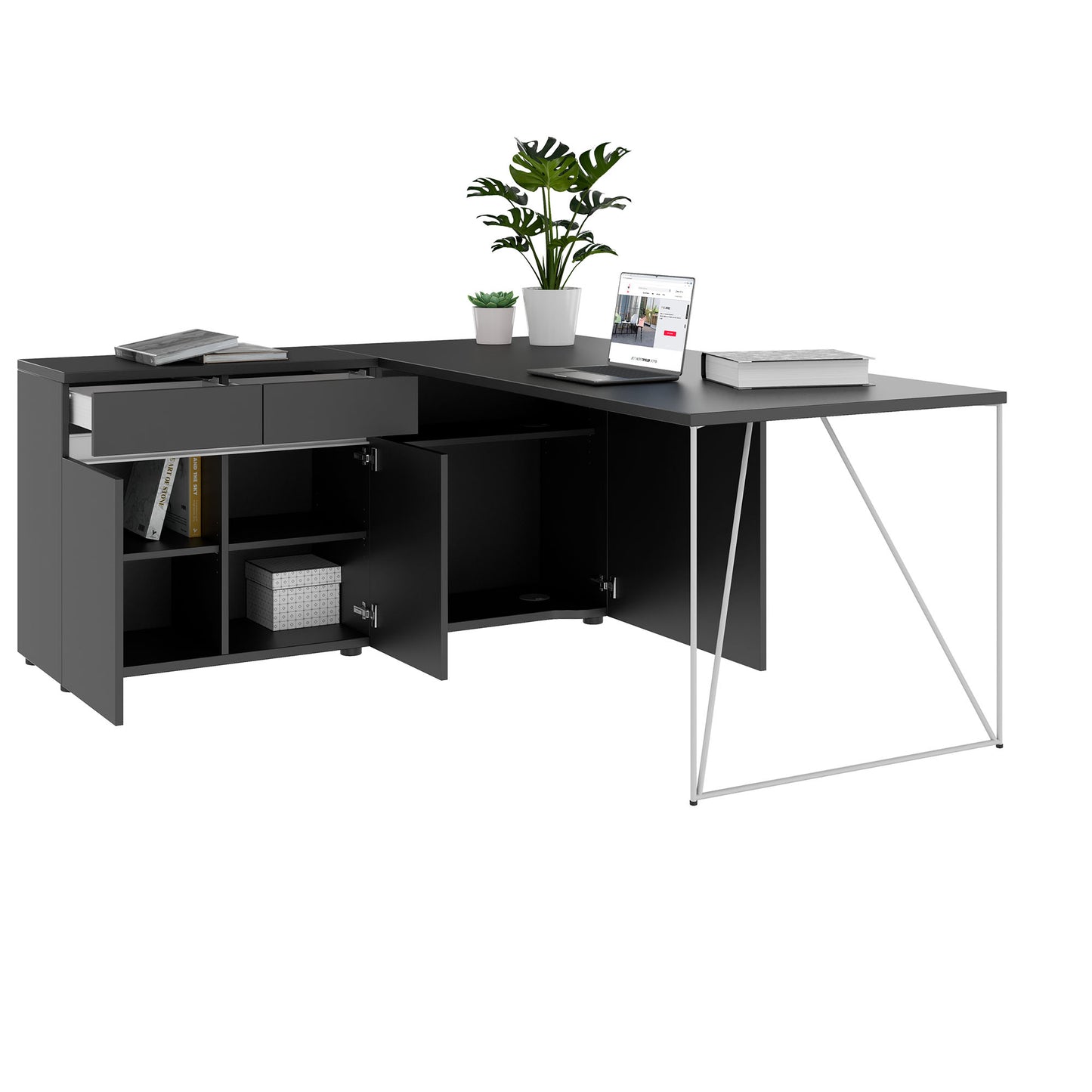 AIR desk | 1600 - 2000 mm, electrified, integrated sideboard, anthracite