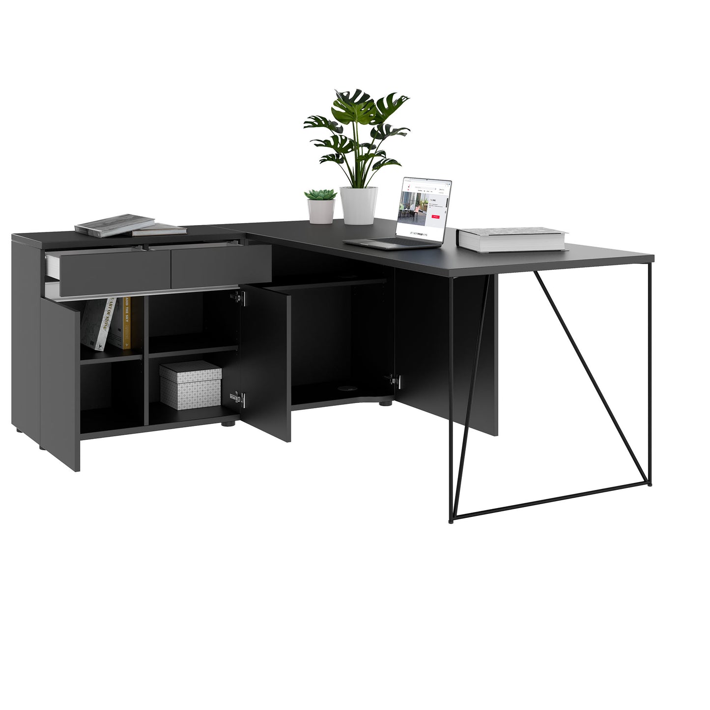 AIR desk | 1600 - 2000 mm, electrified, integrated sideboard, anthracite