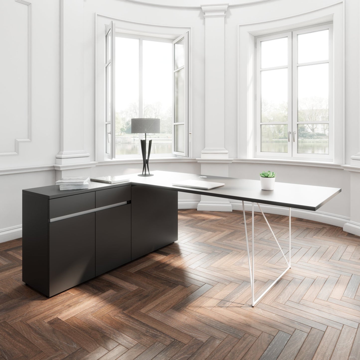 AIR desk | 1600 - 2000 mm, electrified, integrated sideboard, anthracite