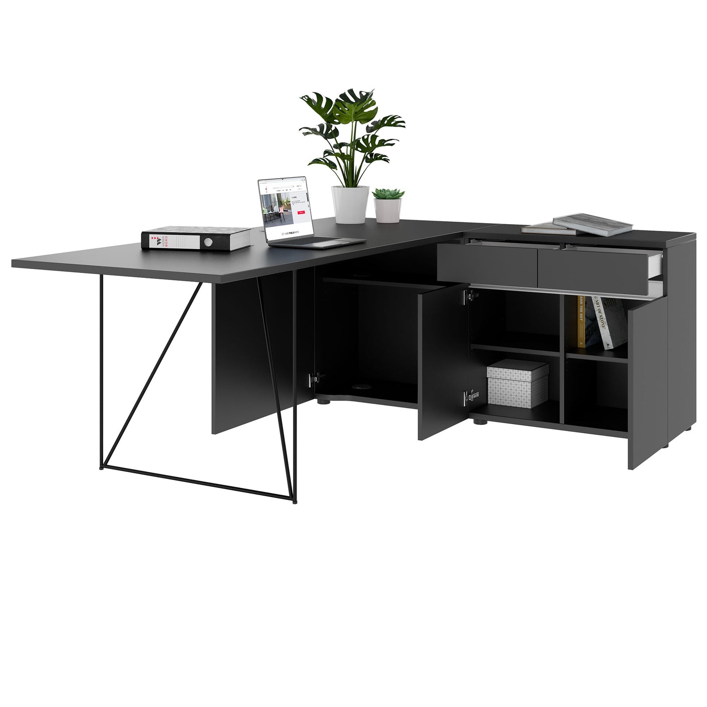 AIR desk | 1600 - 2000 mm, electrified, integrated sideboard, anthracite