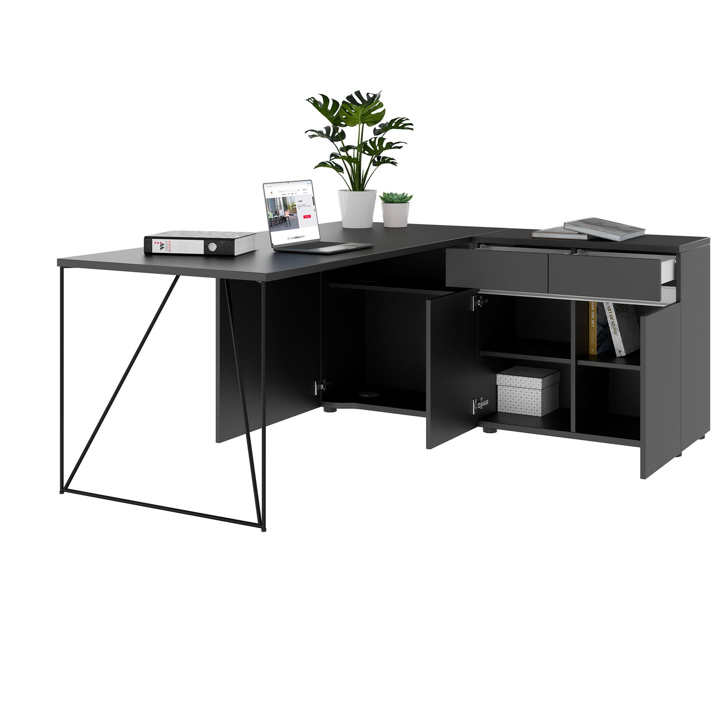 AIR desk | 1600 - 2000 mm, electrified, integrated sideboard, anthracite