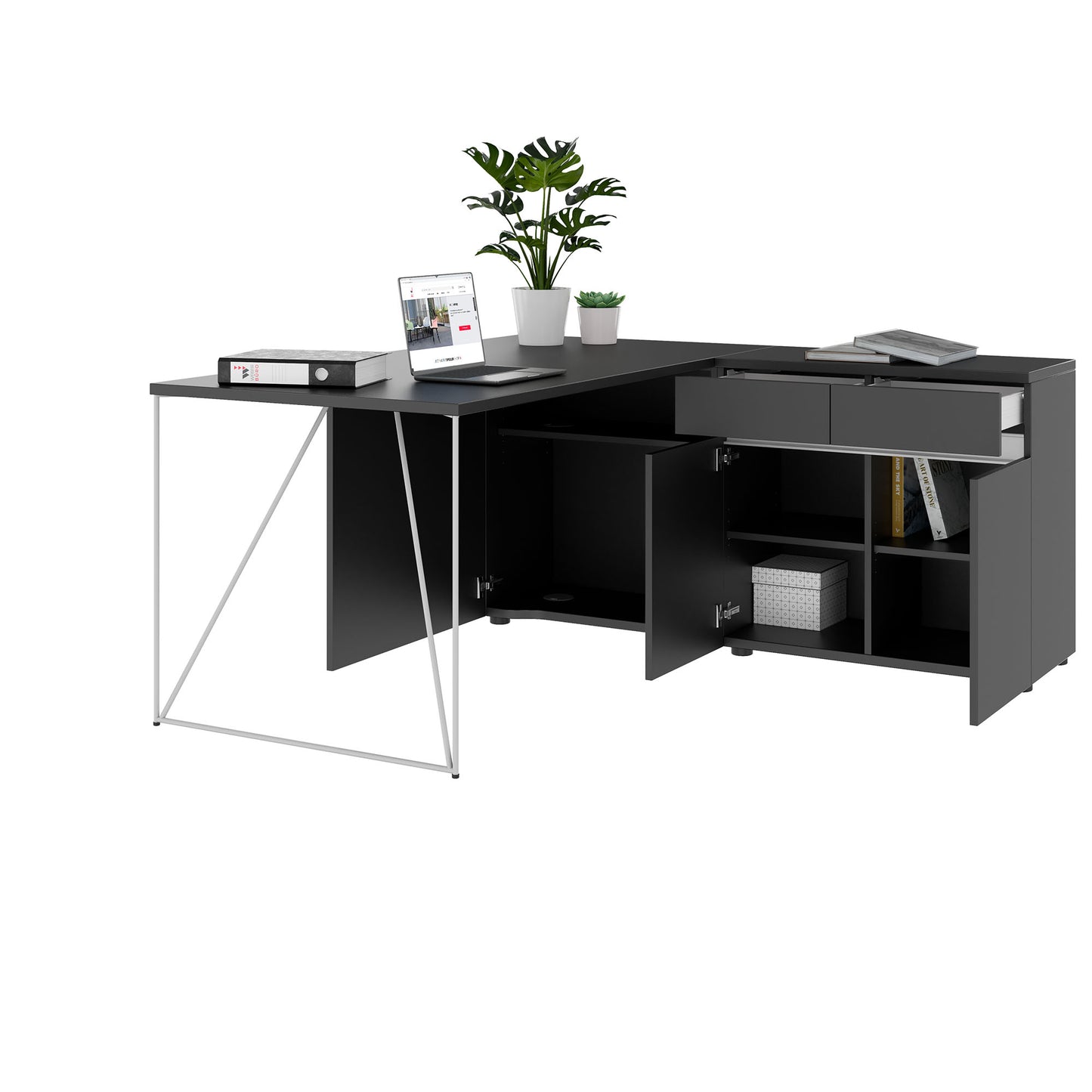 AIR desk | 1600 - 2000 mm, electrified, integrated sideboard, anthracite