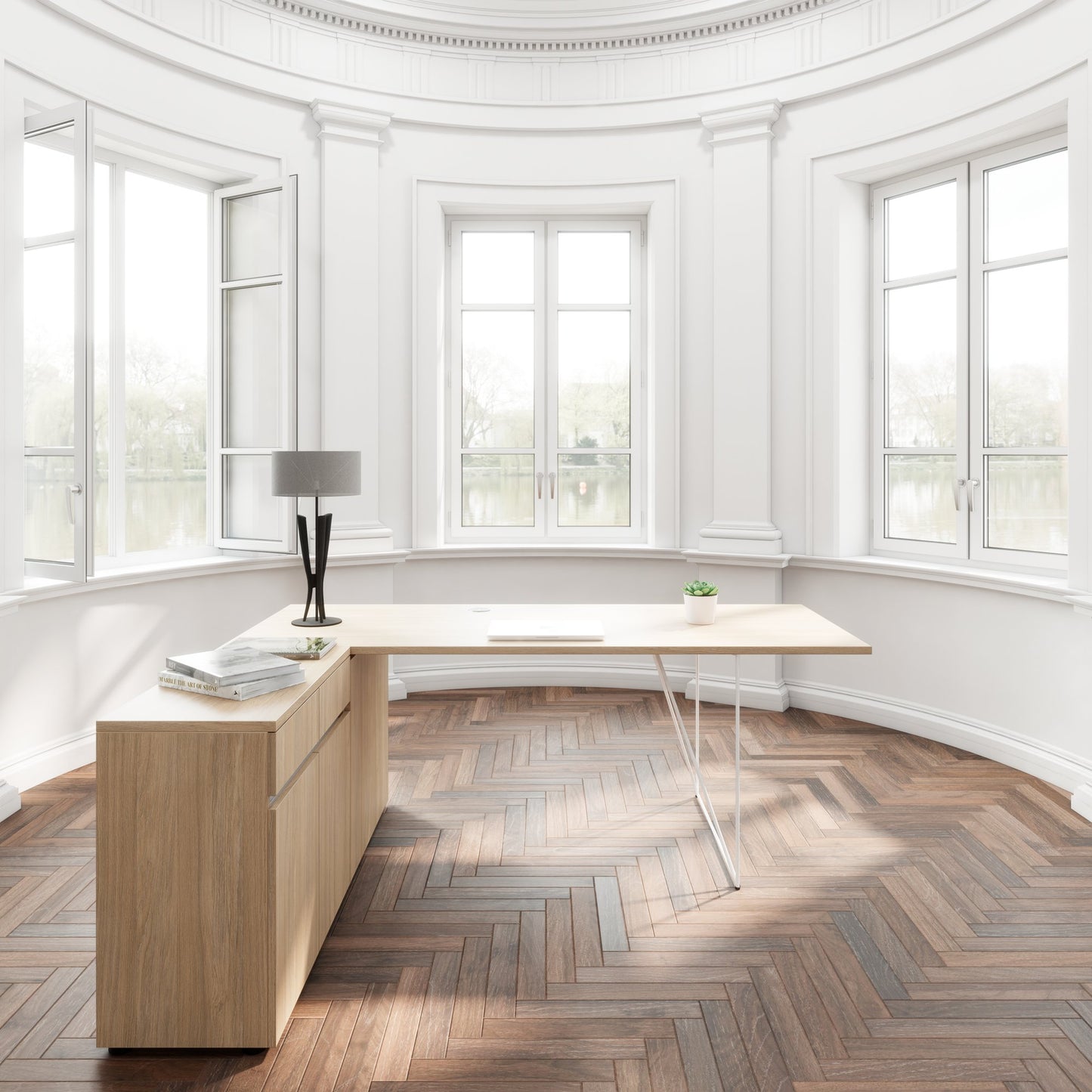 AIR desk | 1600 - 2000 mm, electrified, integrated sideboard, amber oak