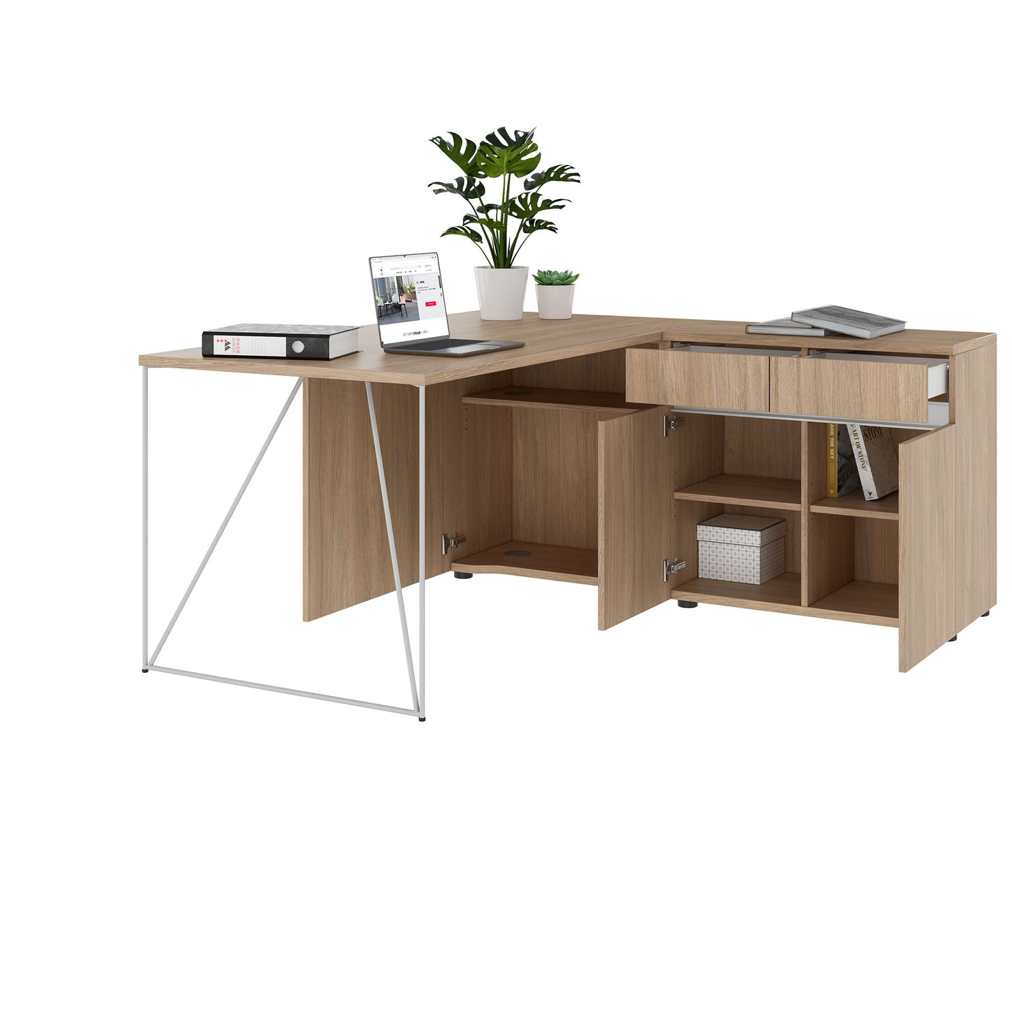 AIR desk | 1600 - 2000 mm, electrified, integrated sideboard, amber oak
