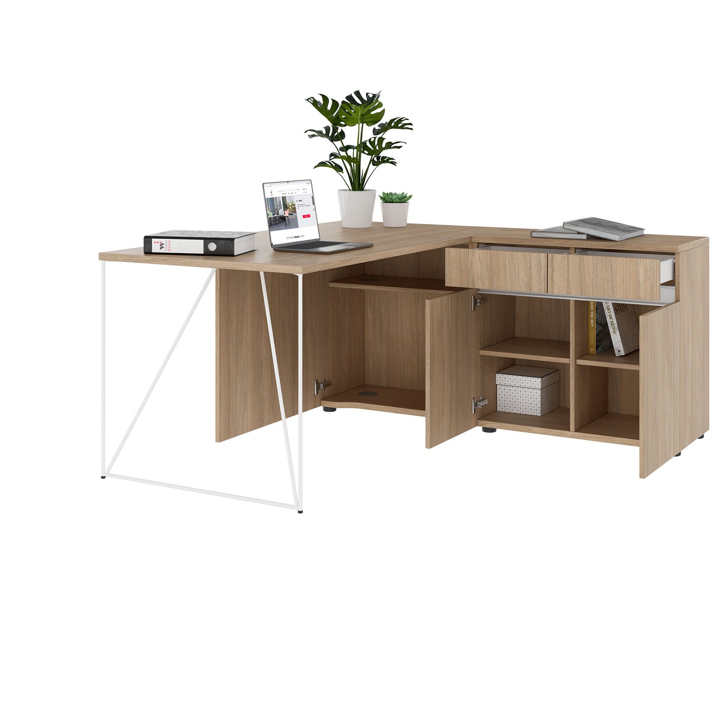 AIR desk | 1600 - 2000 mm, electrified, integrated sideboard, amber oak