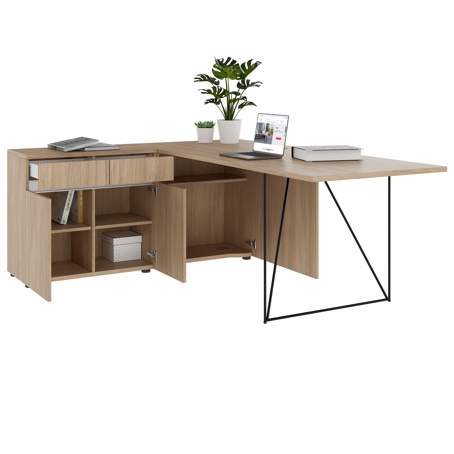 AIR desk | 1600 - 2000 mm, electrified, integrated sideboard, amber oak