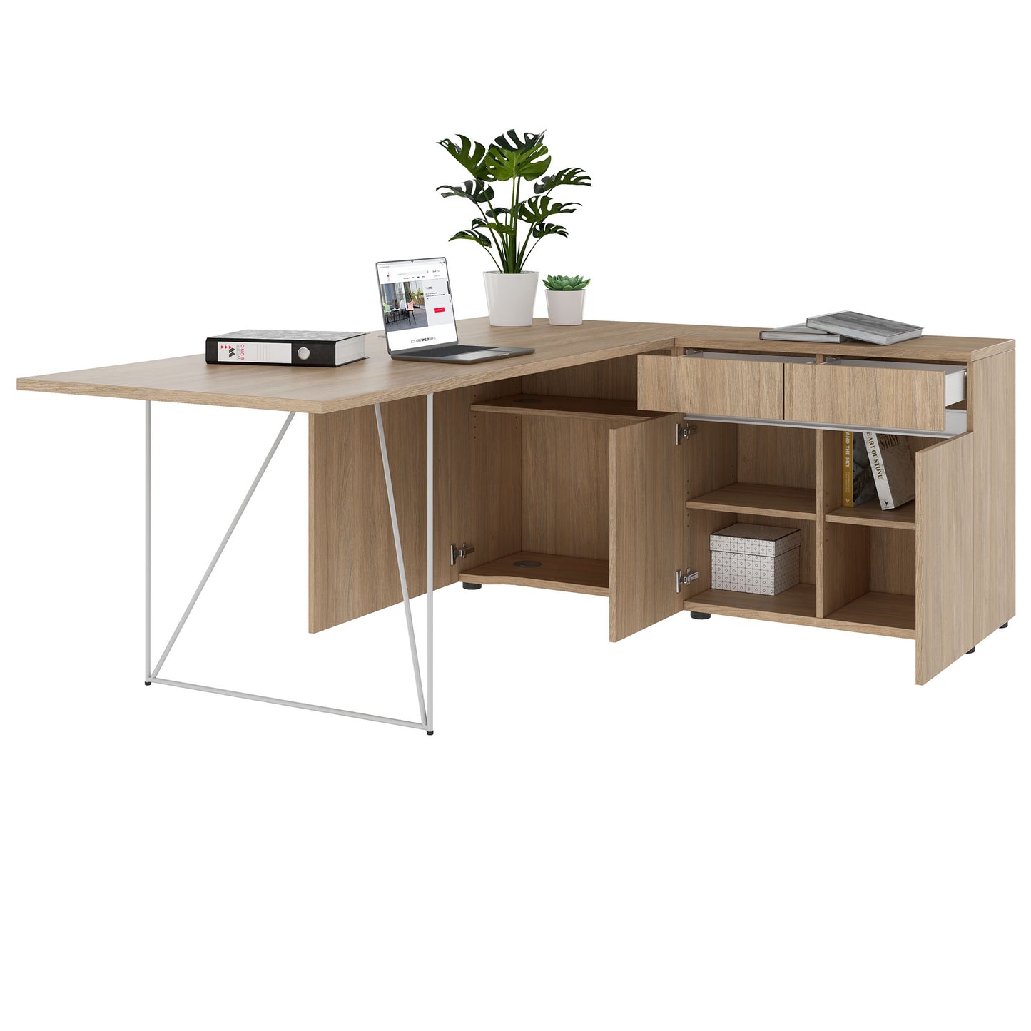 AIR desk | 1600 - 2000 mm, electrified, integrated sideboard, amber oak