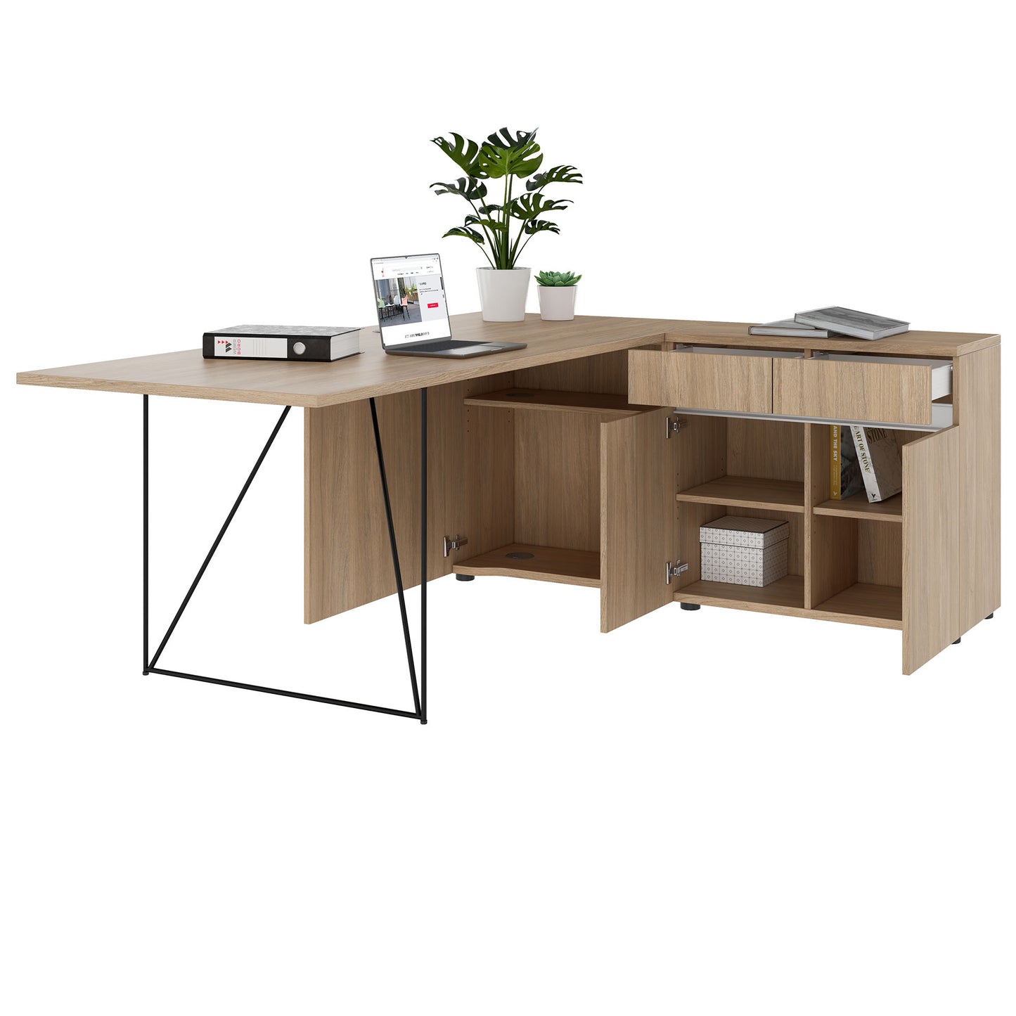 AIR desk | 1600 - 2000 mm, electrified, integrated sideboard, amber oak