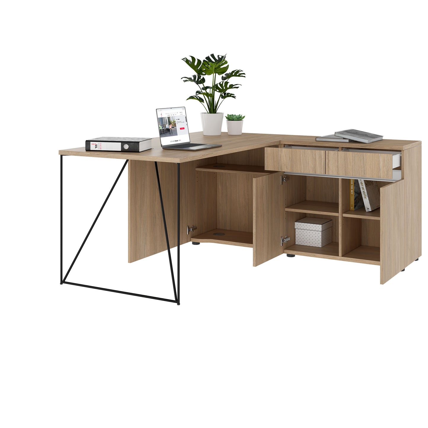 AIR desk | 1600 - 2000 mm, electrified, integrated sideboard, amber oak