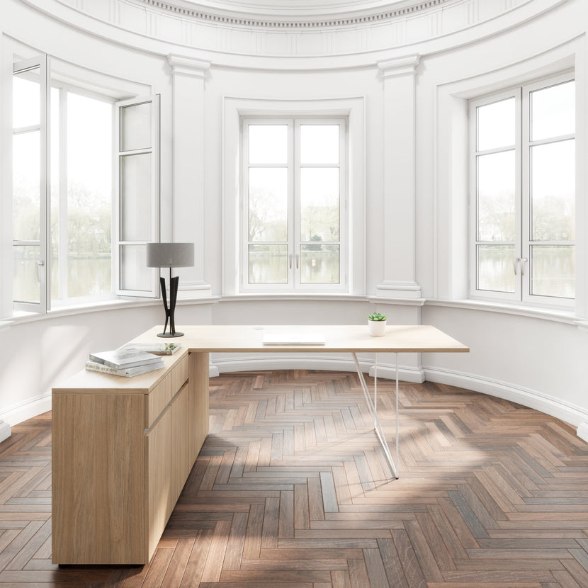 AIR desk | 1600 - 2000 mm, electrified, integrated sideboard, amber oak