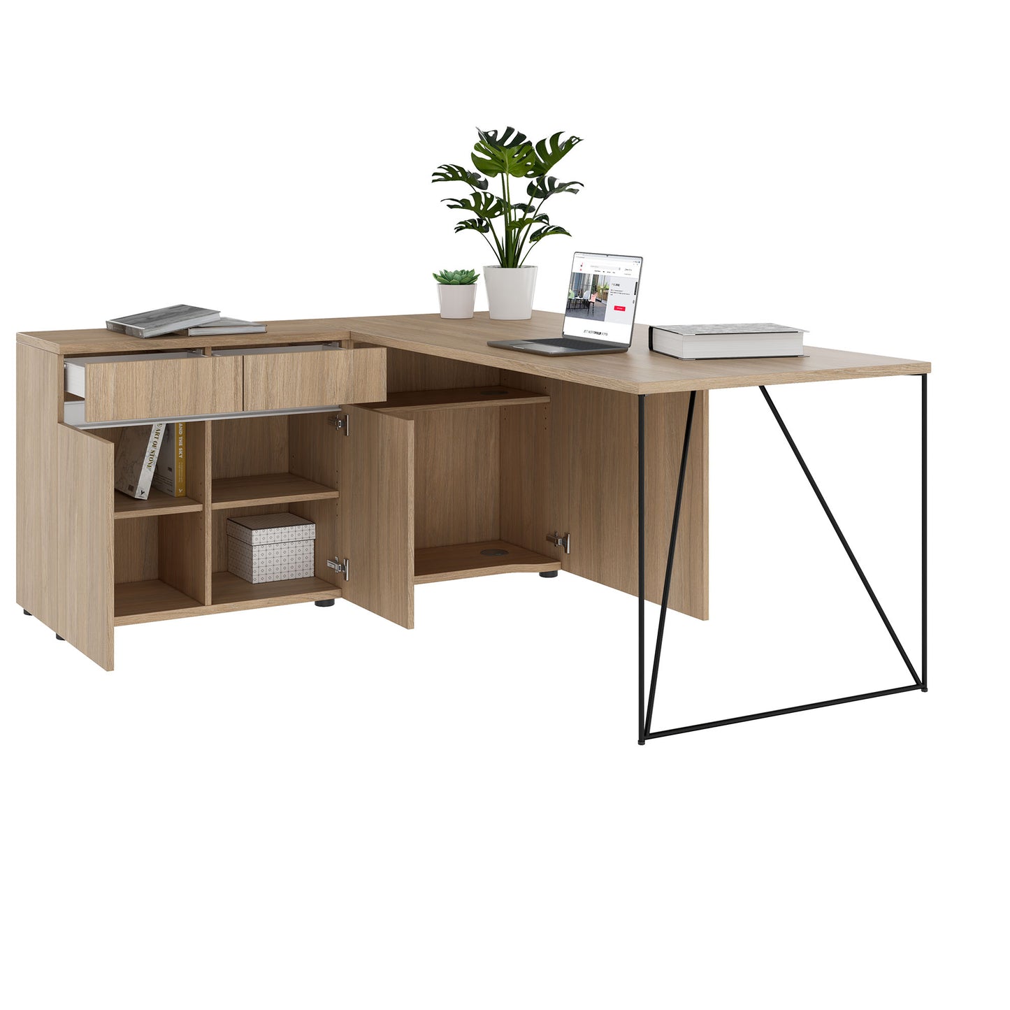 AIR desk | 1600 - 2000 mm, electrified, integrated sideboard, amber oak