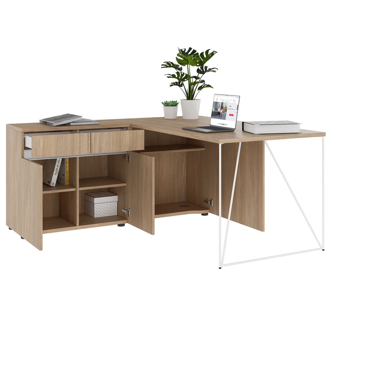 AIR desk | 1600 - 2000 mm, electrified, integrated sideboard, amber oak