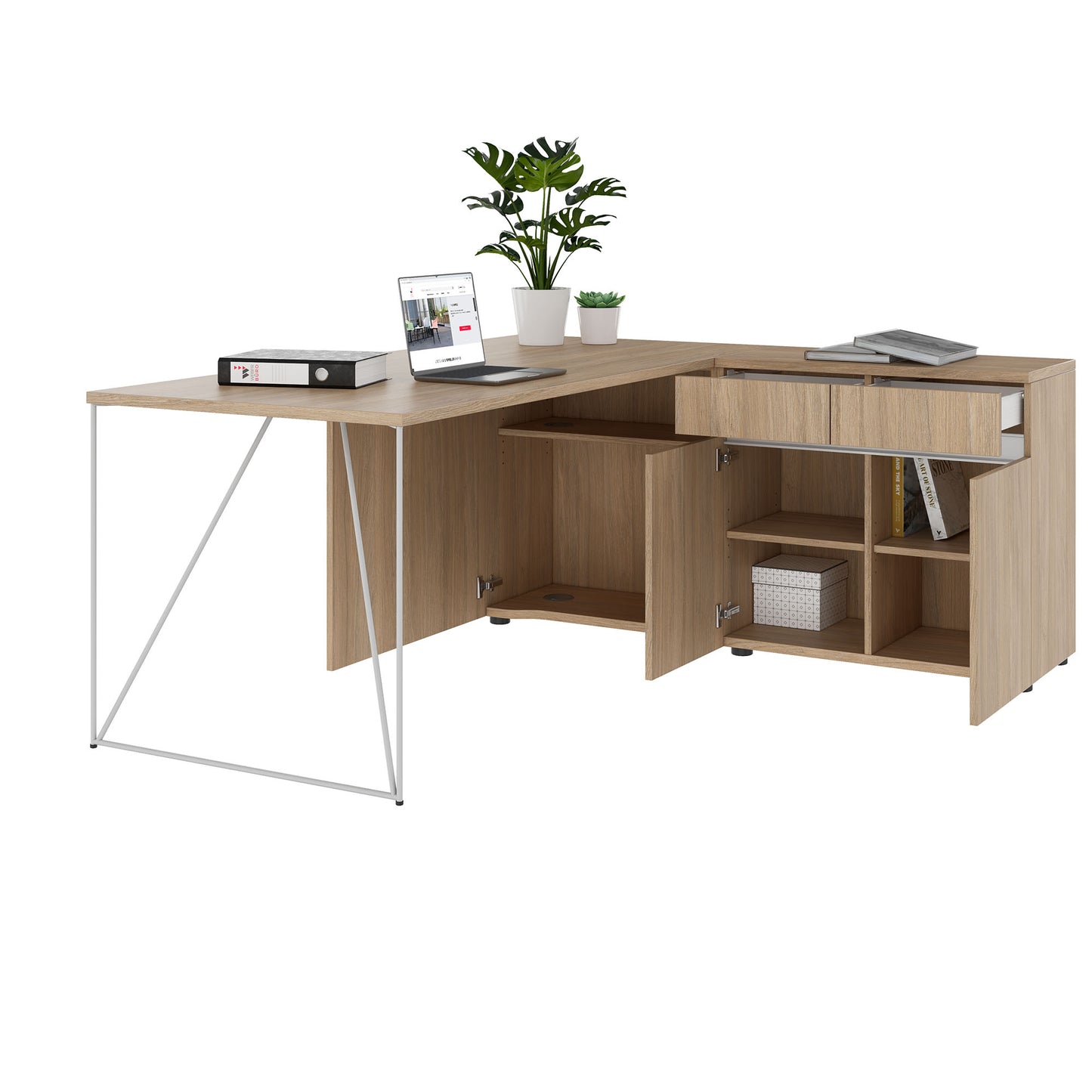 AIR desk | 1600 - 2000 mm, electrified, integrated sideboard, amber oak